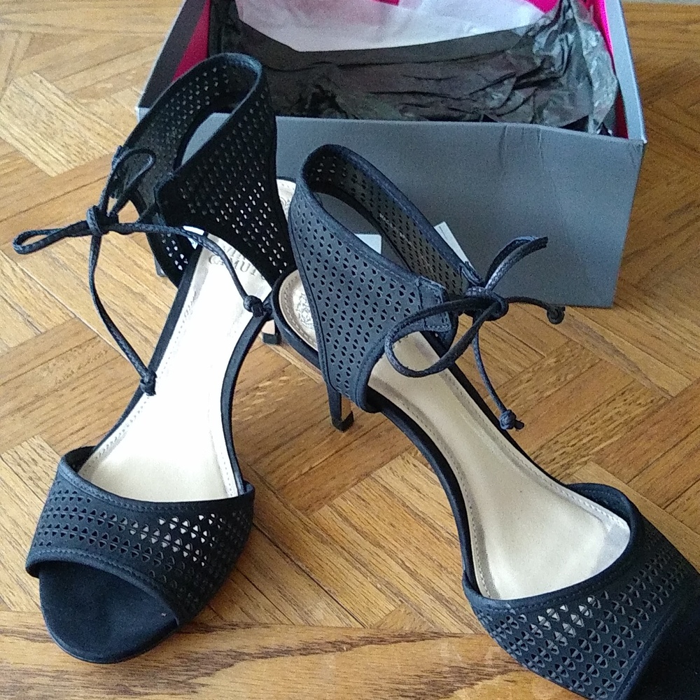 8.5 Vince Camuto black, ankle tie , 3 inch heels